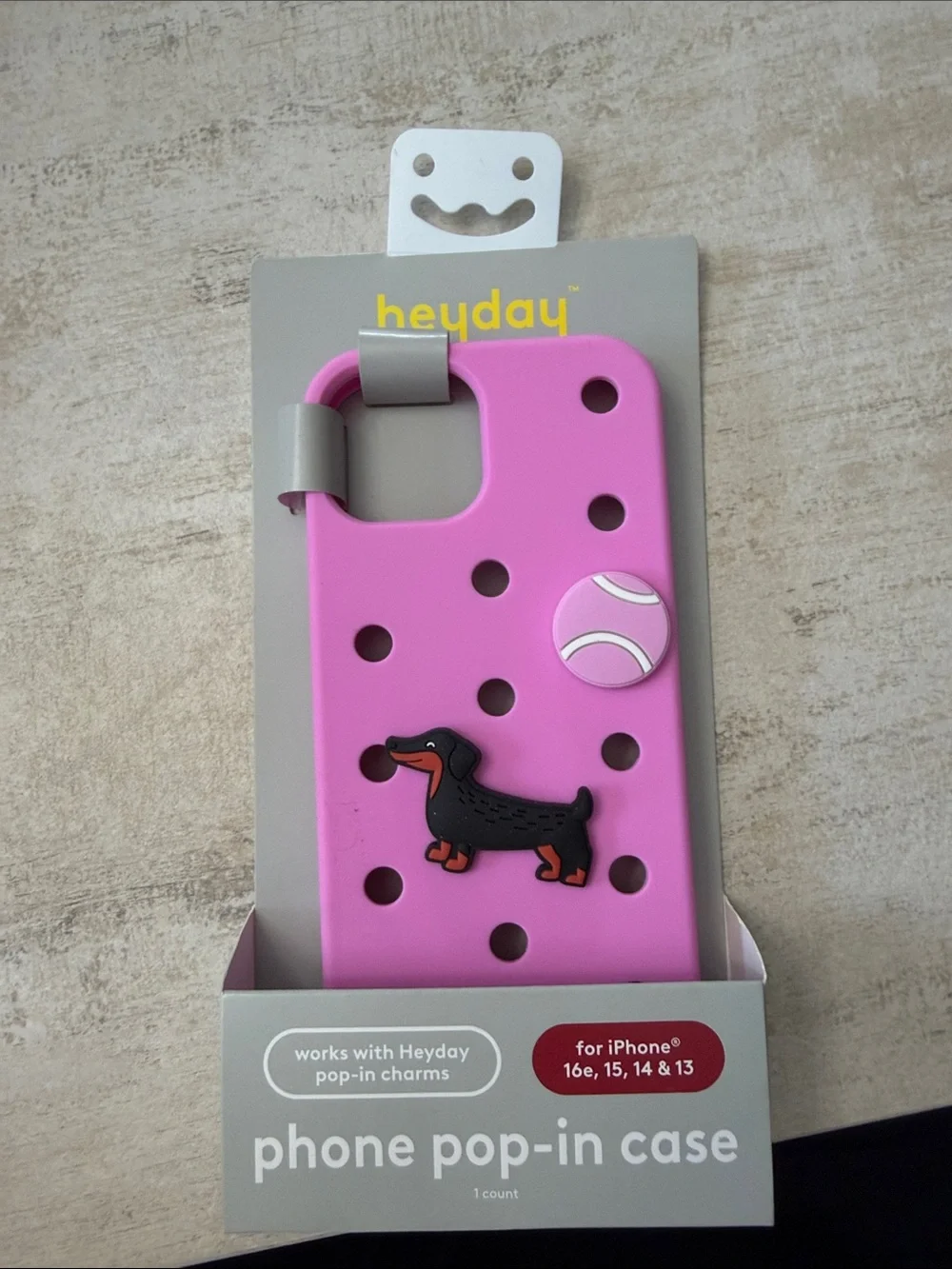 heyday Pink Phone Pop-In Case with Dachshund Charm. iPhone 16e, 15, 14 & 13